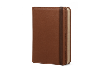 Brown leather notebook with elastic closure on transparent background, symbolizing planning, creativity, and organization