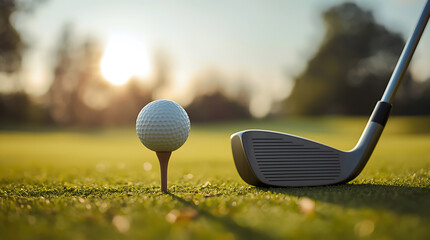 A golf ball is positioned on a tee, with a club poised to strike. The sun is shining in the background, while trees remain out of focus.
