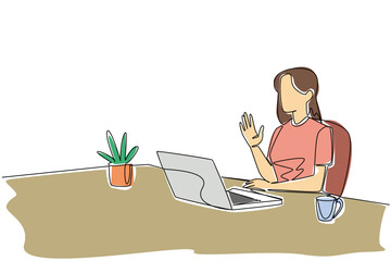 Single line drawing shows a woman on casual wear waving at her laptop, symbolizing communication and positivity in a business concept for Say Hi Day, highlighting global connection.
