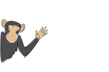 Obraz premium Single line drawing of a monkey waving hand behind the wall, expressing a nature concept with the theme animal waving paw, suitable for International Monkey Day and fun wildlife inspired illustrations