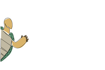 Obraz premium Continuous line drawing of a tortoise waving its hand behind the wall, combining a nature concept with the design theme of animal waving paw, suitable for International Wildlife Day artwork.