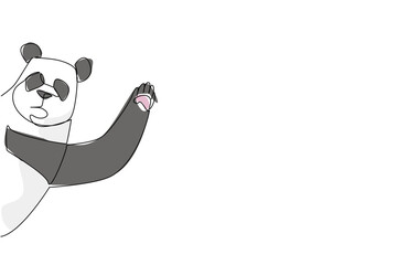 Obraz premium Single line drawing of a panda waving paw behind the wall, with a nature concept and the theme animal waving hand, designed to highlight International Panda Day and wildlife preservation.