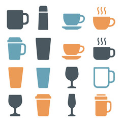 Variety of Drinkware Icons: A set of stylized drinkware icons showcasing a range of beverage vessels. A diverse assortment that captures the essence of refreshment and convenience.