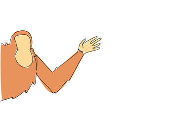 Fototapeta premium One line drawing of an orangutan waving its hand behind a wall, highlighting rainforest conservation in a nature concept, themed for International Orangutan Awareness Day.