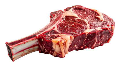 A large raw ribeye steak with a long bone, isolated on a stark black background