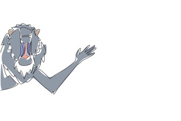 Fototapeta premium Single line drawing shows a mandrill with its hand raised playfully behind a wall, designed as an animal concept artwork for International Primate Day in vibrant minimalist vector style.