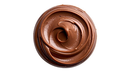 Overhead shot of swirling chocolate spread on a solid black background