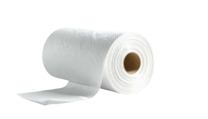 A roll of white paper towels, unwound, against a black background