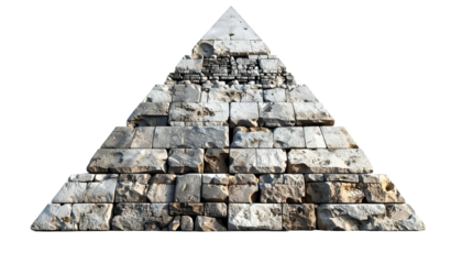 Partially decayed stone pyramid isolated against a black background, with rough, textured blocks