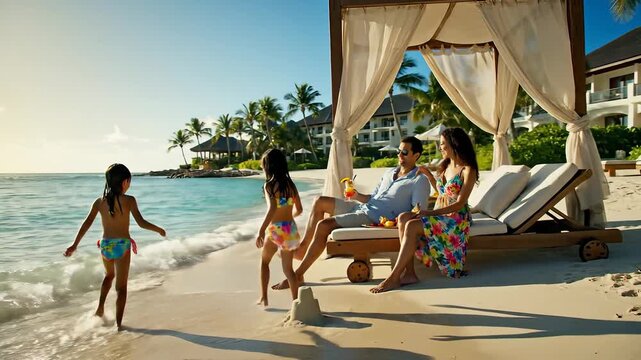 A happy family enjoys a luxurious tropical beach vacation, with parents relaxing under a stylish cabana while their children joyfully play in the warm ocean water on a beautiful sunny day, creating c.