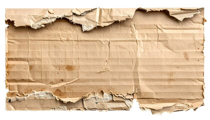 Torn piece of corrugated cardboard with visible ridges and frayed edges against black