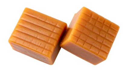Two square golden caramels with scored tops, isolated on black, close-up, high-angle