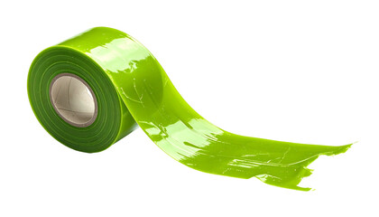 A roll of bright green, self-fusing tape with a partially unwound end on a black background