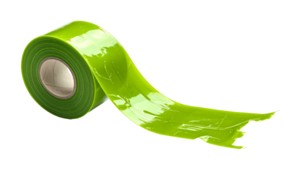 A roll of bright green, self-fusing tape with a partially unwound end on a black background