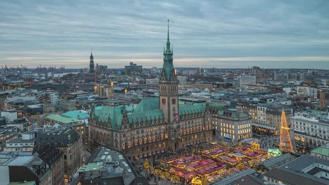 Hamburg Germany time lapse day to night high angle view Christmas market at Rathaus City Hall Square