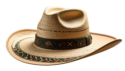 Cowboy hat crafted from straw, accented with an ornate band and a decorative brim