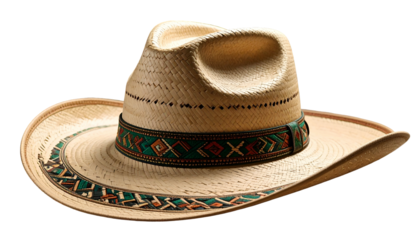 Cowboy hat crafted from straw, accented with an ornate band and a decorative brim