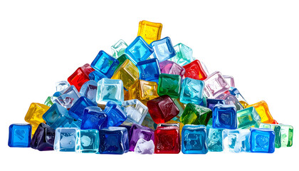 A vibrant pile of colorful, translucent, cube-shaped objects against a black backdrop