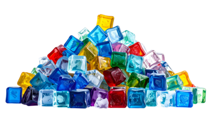 A vibrant pile of colorful, translucent, cube-shaped objects against a black backdrop