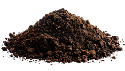 A close-up of a pile of dark, rich soil against a black background
