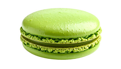 A light green macaron, showing the top and bottom shells, with a creamy filling between
