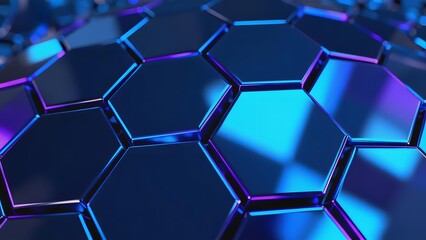 Abstract hexagonal pattern with glowing blue and purple edges on a dark background