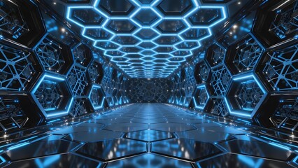 Futuristic hexagonal corridor with glowing blue lights and reflective floor