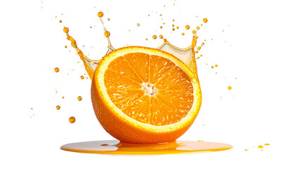 A juicy orange half, bursting with vibrant juice, against a dark background