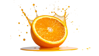A juicy orange half, bursting with vibrant juice, against a dark background