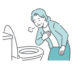 トイレで便の状態を確認して安心する高齢女性のイラスト（異常なし・便秘解消・介護）