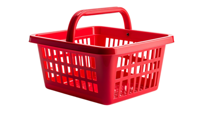A bright red, square, plastic shopping basket with a handle, isolated on black