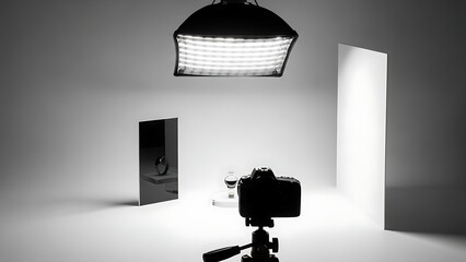 A photography studio setup with a camera and lighting equipment