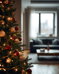 Cozy living room with decorated Christmas tree and warm lights, festive home interior atmosphere creating comfort, holiday celebration, and seasonal family lifestyle
