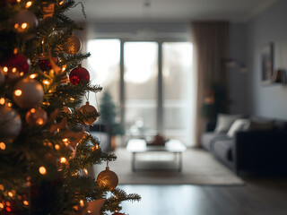 Cozy living room with decorated Christmas tree and warm lights, festive home interior atmosphere creating comfort, holiday celebration, and seasonal family lifestyle
