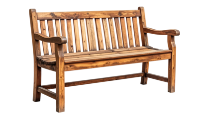 A detailed, wooden outdoor bench with armrests and a slatted back, isolated on black