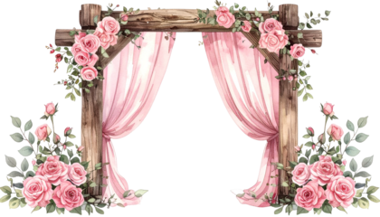 Watercolor illustration of a wooden archway decorated with pink roses and draped curtains