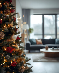 Cozy living room with decorated Christmas tree and warm lights, festive home interior atmosphere creating comfort, holiday celebration, and seasonal family lifestyle
