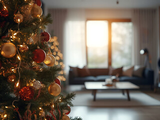 Cozy living room with decorated Christmas tree and warm lights, festive home interior atmosphere creating comfort, holiday celebration, and seasonal family lifestyle
