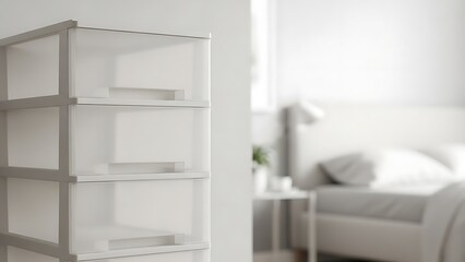 Fototapeta premium Organized Clear Plastic Storage Drawers in Minimalist Bedroom Interior, Natural Light, Modern Home Furniture, Soft Ambient View