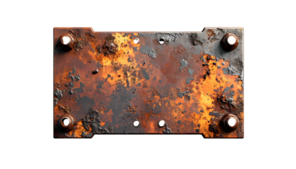 Weathered, rusted metal plate with bolts, on black background, showing aged, industrial texture