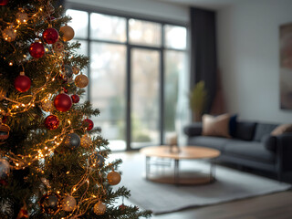 Cozy living room with decorated Christmas tree and warm lights, festive home interior atmosphere creating comfort, holiday celebration, and seasonal family lifestyle
