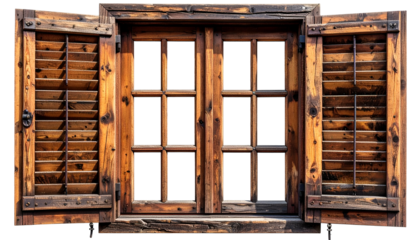 Aged, wooden window with open shutters and a divided-light pane design