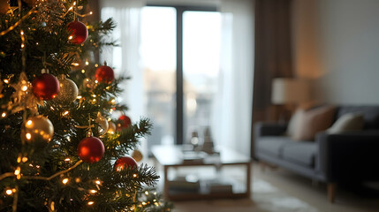 Cozy living room with decorated Christmas tree and warm lights, festive home interior atmosphere creating comfort, holiday celebration, and seasonal family lifestyle
