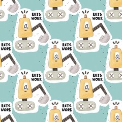 seamless pattern with cartoon bulldozer, decor elements. Colorful illustration flat style for kids. hand drawing. baby design for fabric, print, wrapper, textile