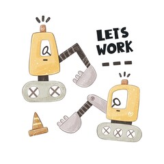 cartoon bulldozer, hand drawing lettering. Colorful illustration, flat style. fruit themed. hand drawing. baby design for cards, poster decoration, t-shirt print