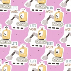 seamless pattern with cartoon bulldozer, decor elements. Colorful illustration flat style for kids. hand drawing. baby design for fabric, print, wrapper, textile