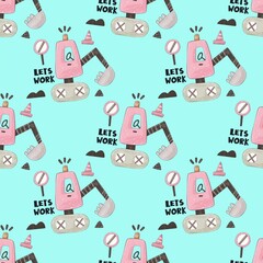 seamless pattern with cartoon bulldozer, decor elements. Colorful illustration flat style for kids. hand drawing. baby design for fabric, print, wrapper, textile