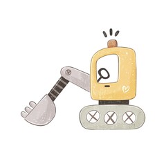 cartoon bulldozer. Colorful illustration, flat style. fruit themed. hand drawing. baby design for cards, poster decoration, t-shirt print