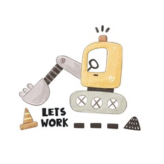 cartoon bulldozer, hand drawing lettering. Colorful illustration, flat style. fruit themed. hand drawing. baby design for cards, poster decoration, t-shirt print