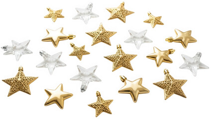 Obraz premium Gold and white decorative star ornaments isolated on transparent background